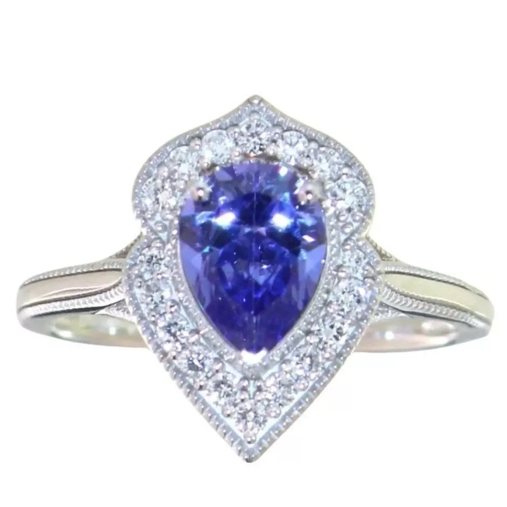 1.25 CTW Pear Cut Tanzanite and Diamond Ring Size 7.25 with Appraisal